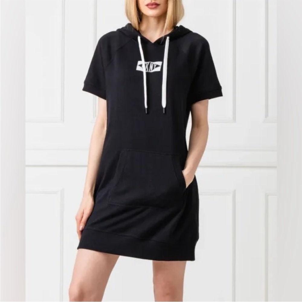 DKNY SPORT Black Hoodie Dress Mini Logo Drawstring Size S